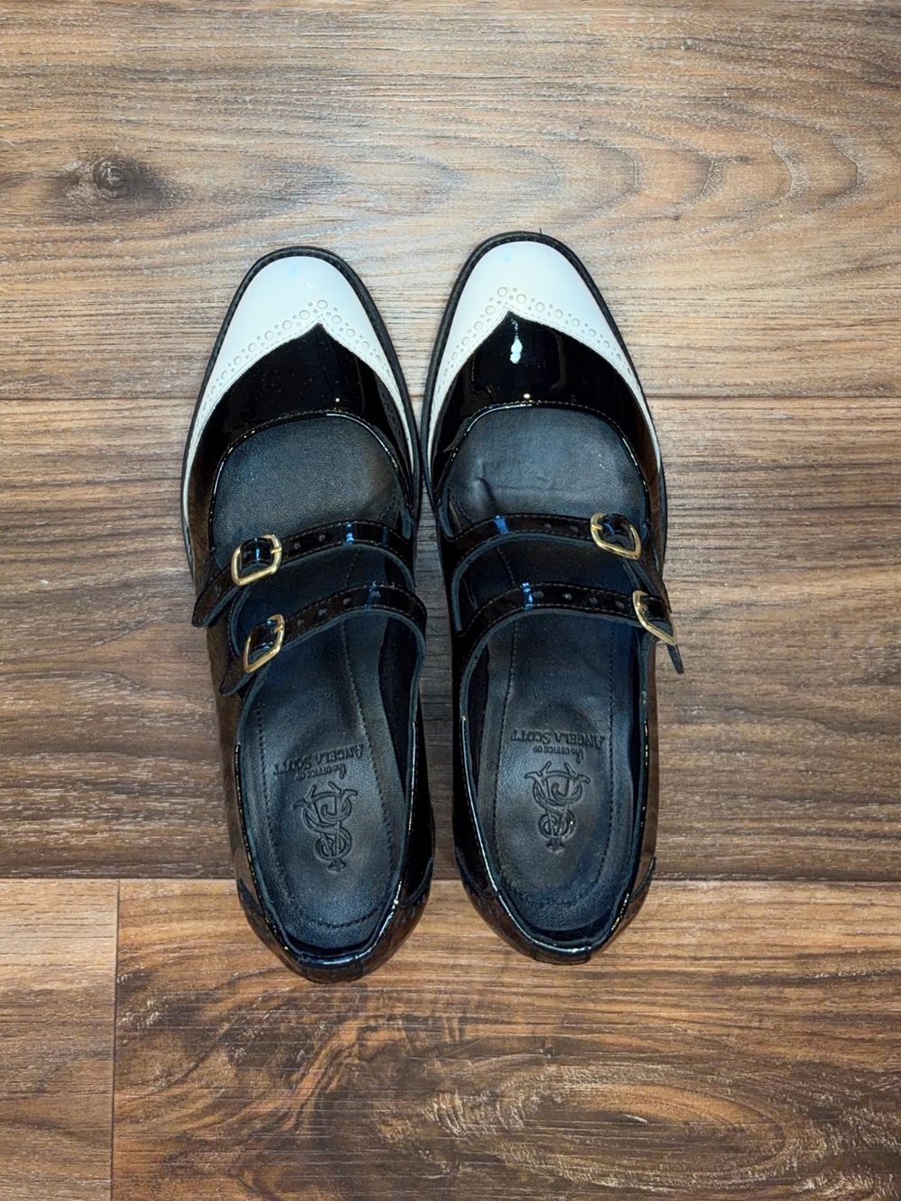 Patent Two-Tone Black and White Double-Strap Mary Jane Flats